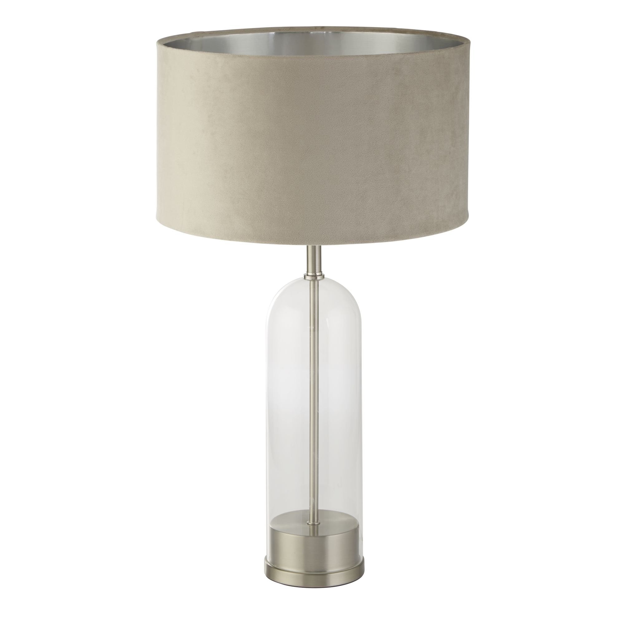 81713TA Oxford Table Lamp Glass Satin Nickel Taupe Velvet Shade