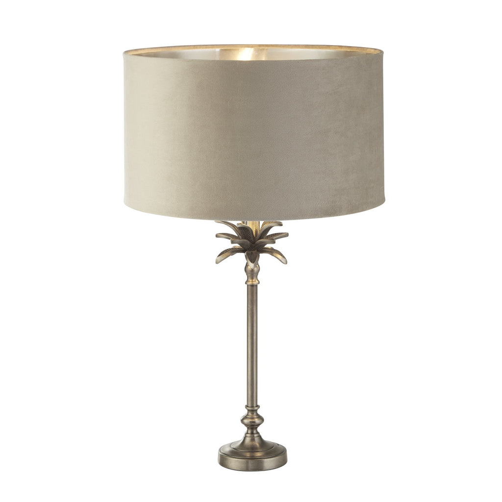81210TA Palm Table Lamp Antique Nickel Metal Taupe Velvet Shade