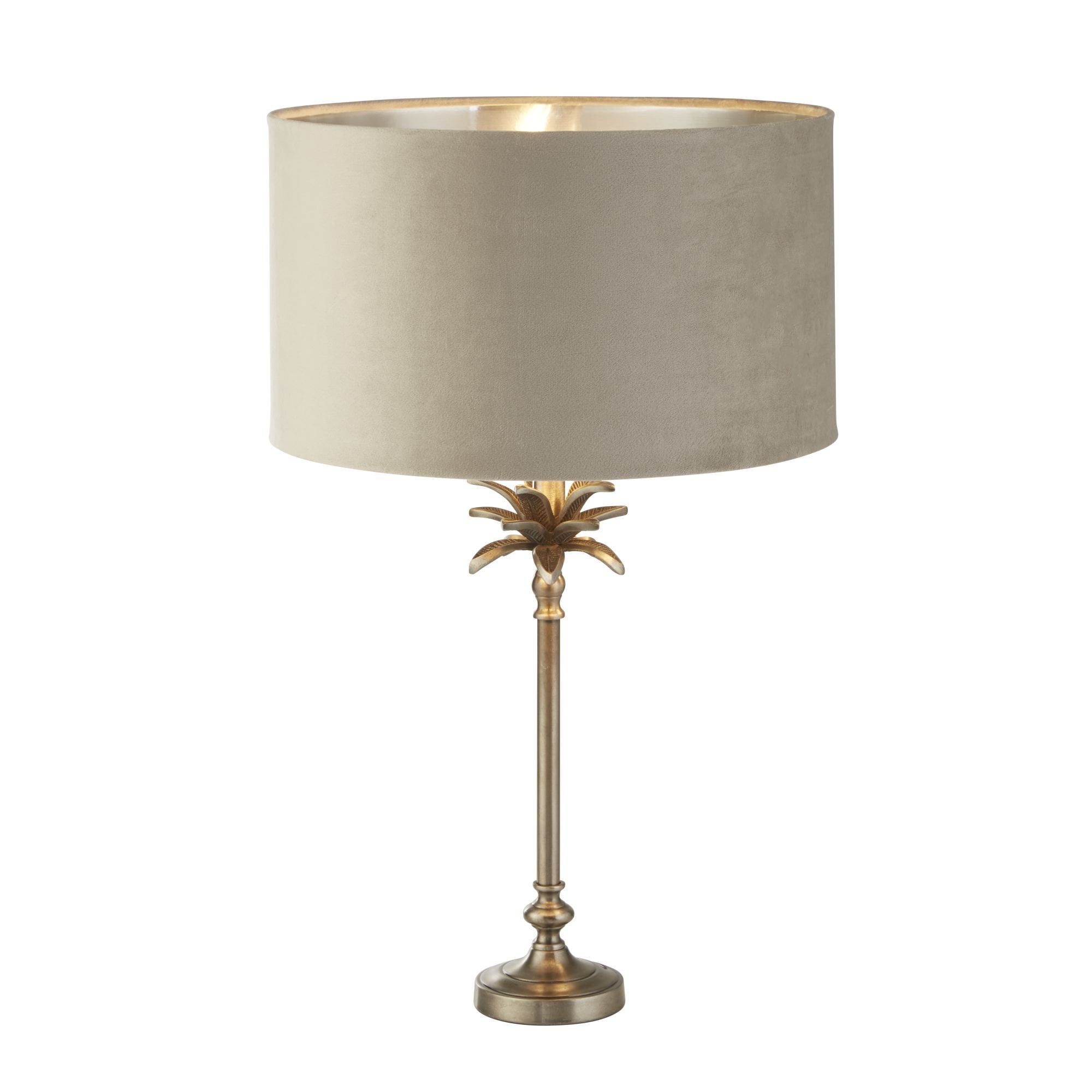 81210TA Palm Table Lamp Antique Nickel Metal Taupe Velvet Shade