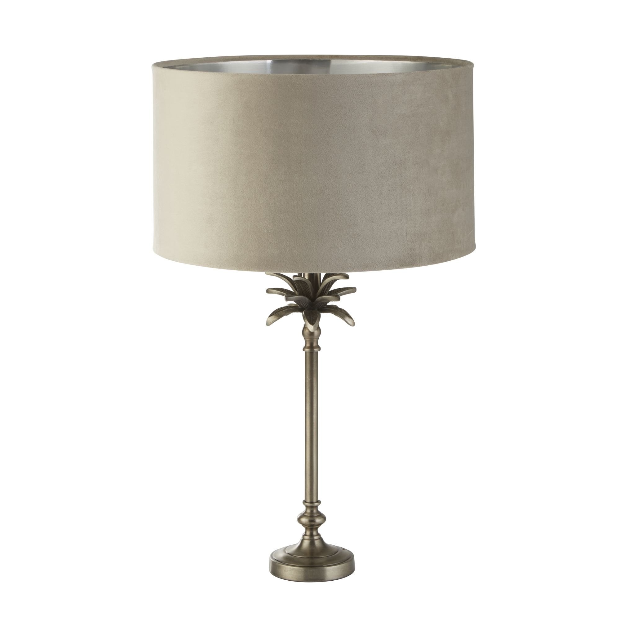 81210TA Palm Table Lamp Antique Nickel Metal Taupe Velvet Shade