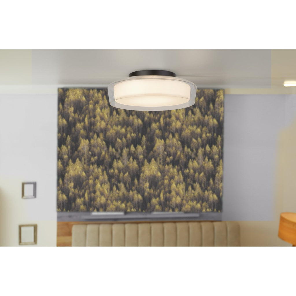 60961BK Puck Bathroom LED Flush Ceiling Light Black Metal Clear Outer Opal Glass