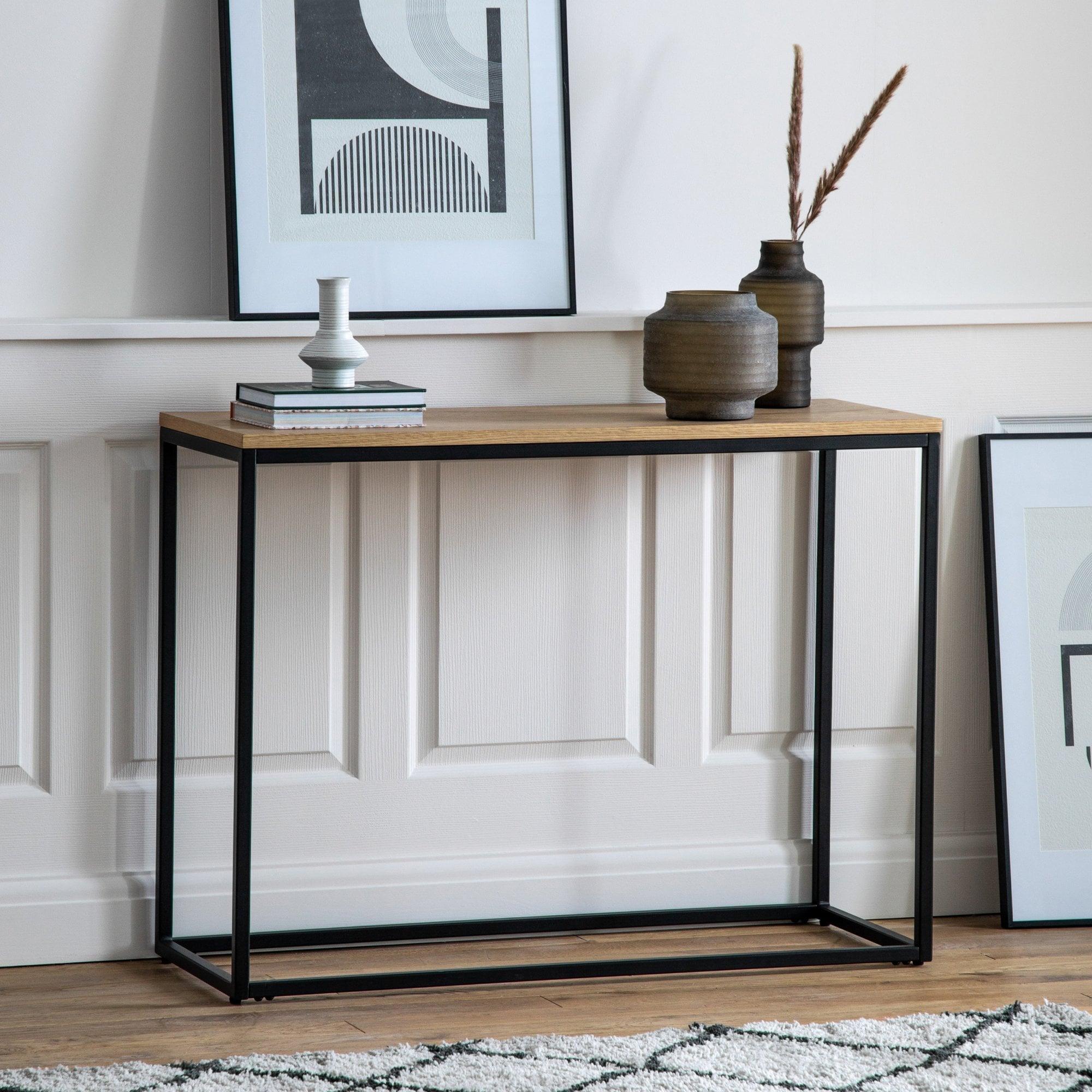 109470 Natural Oak Veneer And Matt Black Console Table