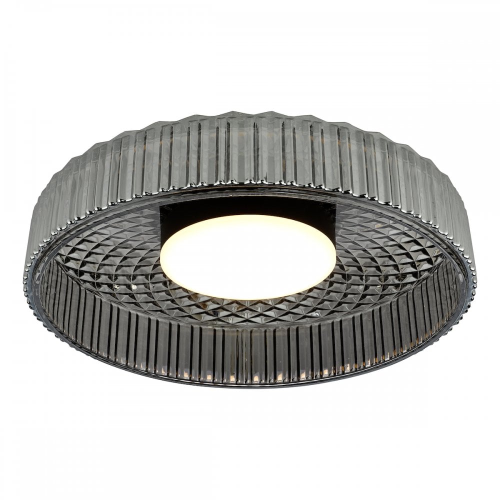 LEE5222 Leena Flush Satin Black and Smoked Ribbed Glass LED