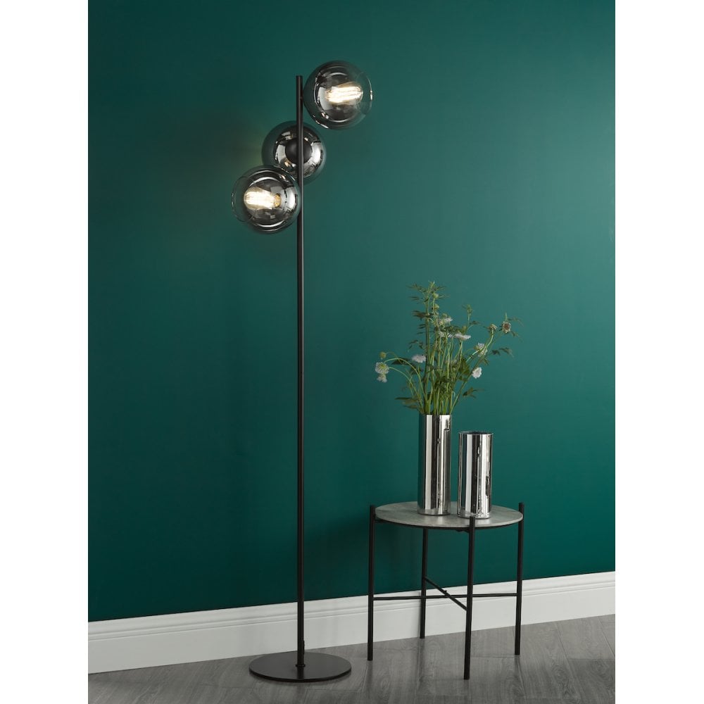 LYC4922 Lycia 3 Light Floor Lamp Matt Black and Smoked Ombre Glass
