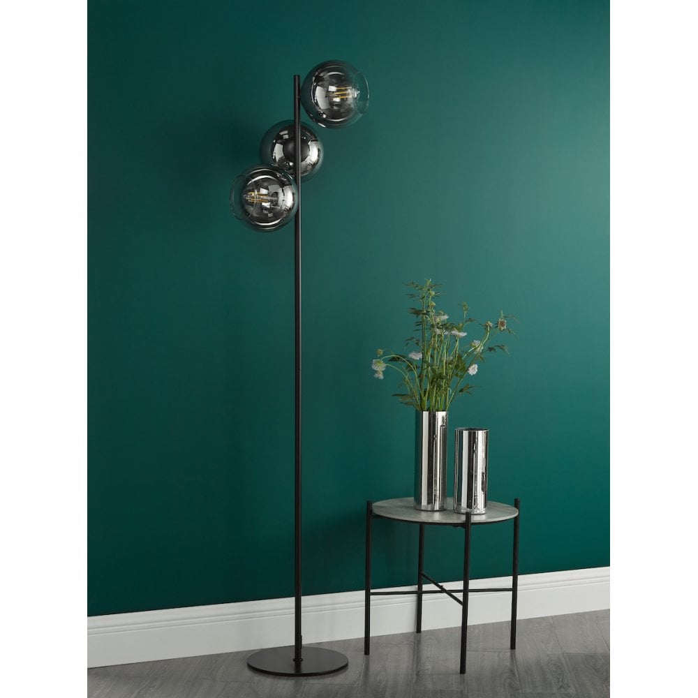 LYC4922 Lycia 3 Light Floor Lamp Matt Black and Smoked Ombre Glass