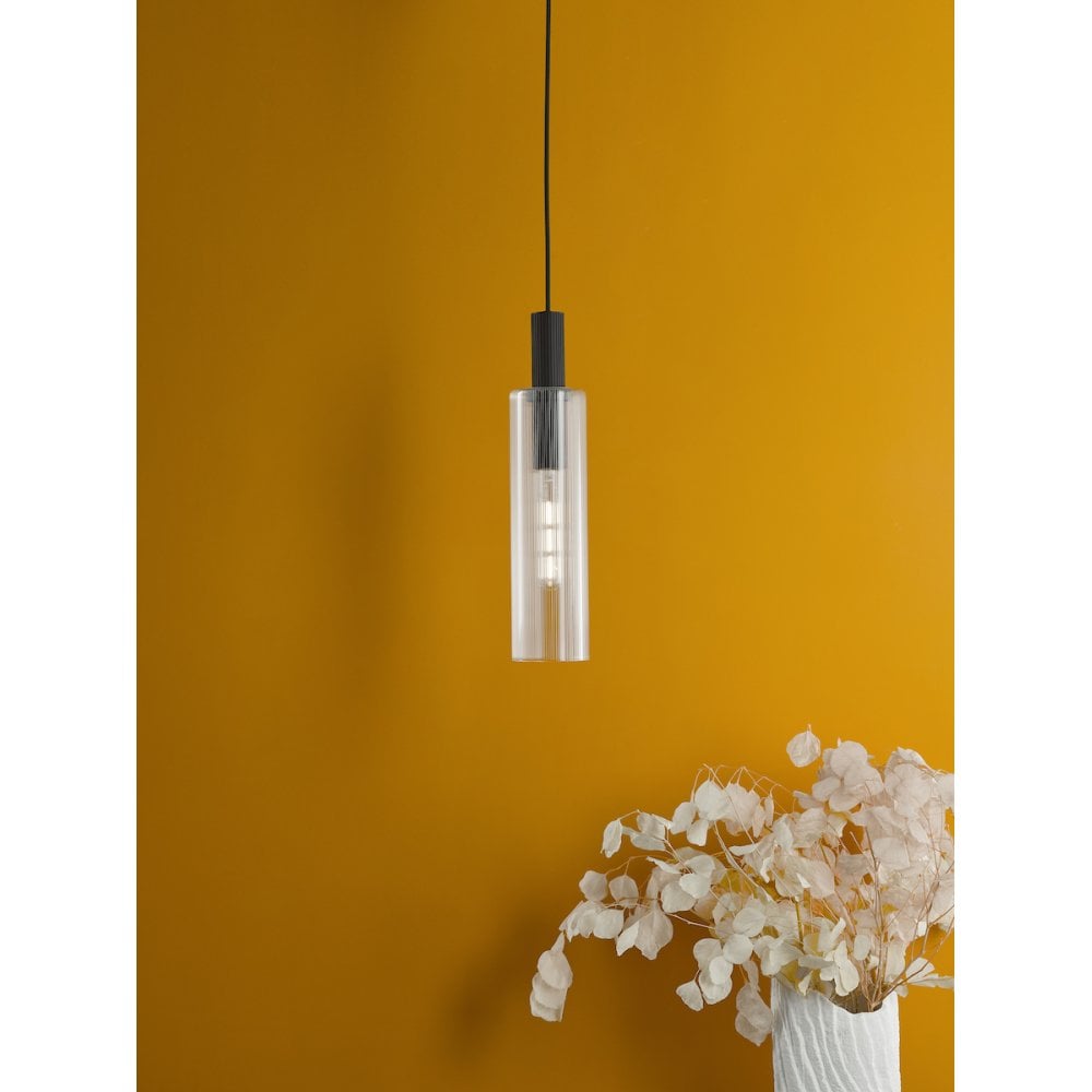 RUB0122 Ruben Pendant Satin Black and Ribbed Glass