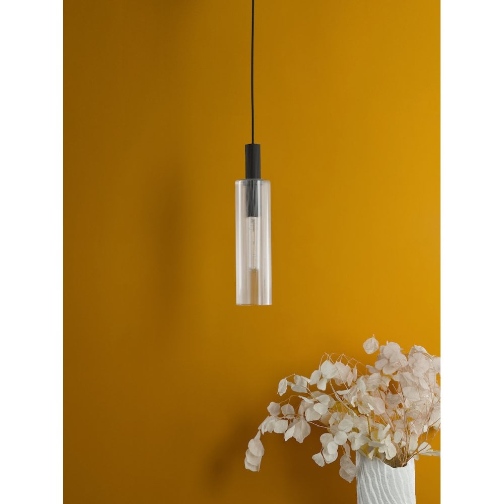 RUB0122 Ruben Pendant Satin Black and Ribbed Glass