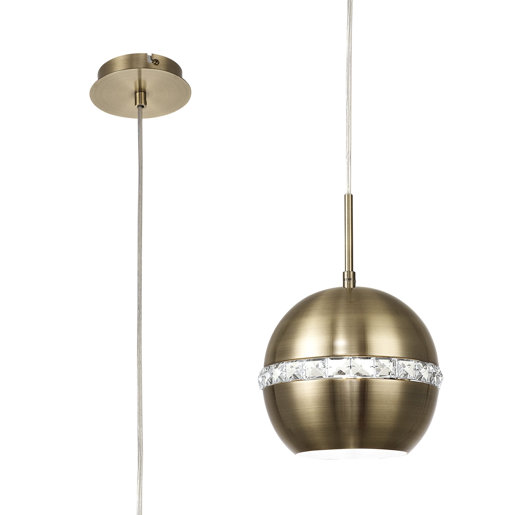 IL32840 Andrea Single Pendant 1 Light E27 Antique Brass/Crystal