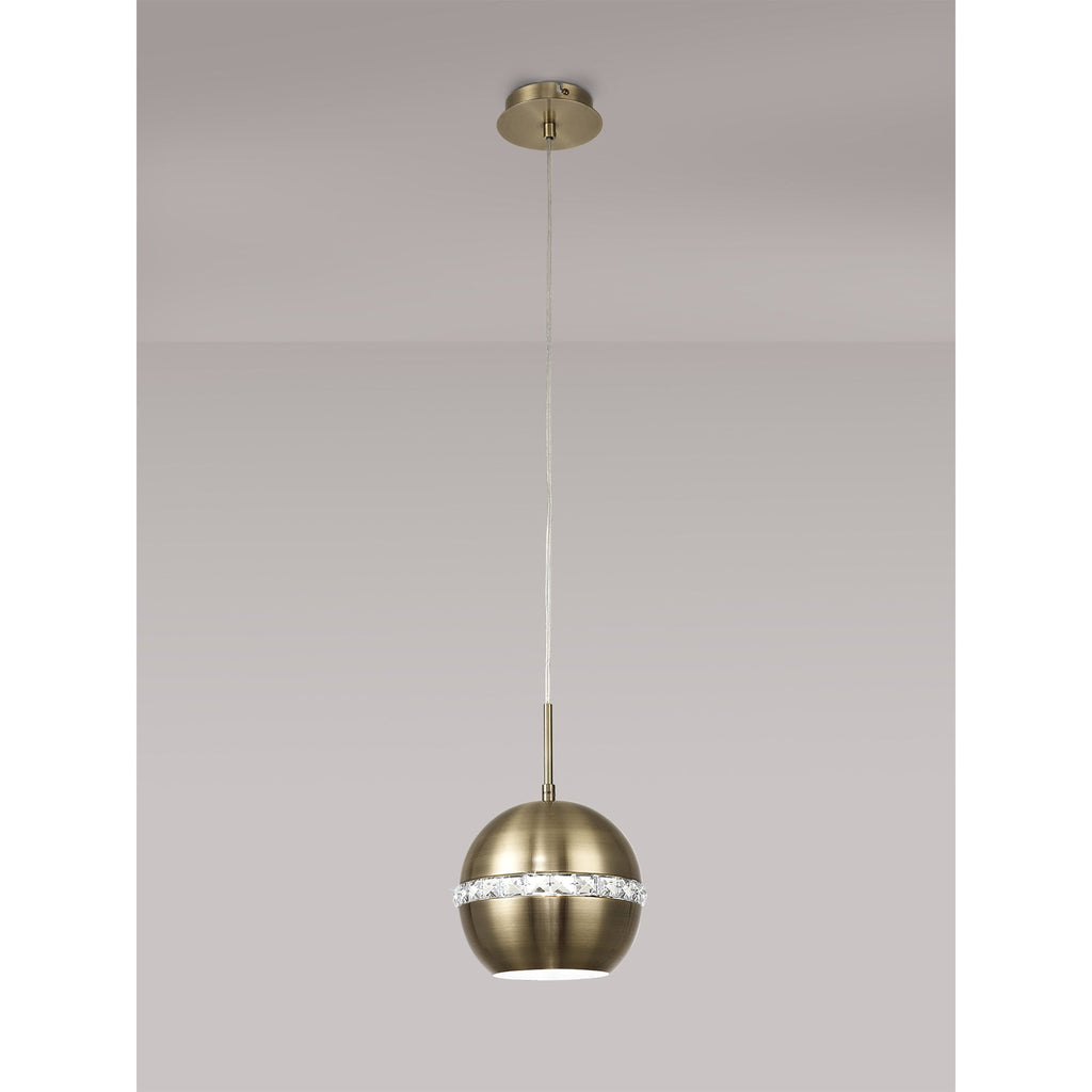 IL32840 Andrea Single Pendant 1 Light E27 Antique Brass/Crystal