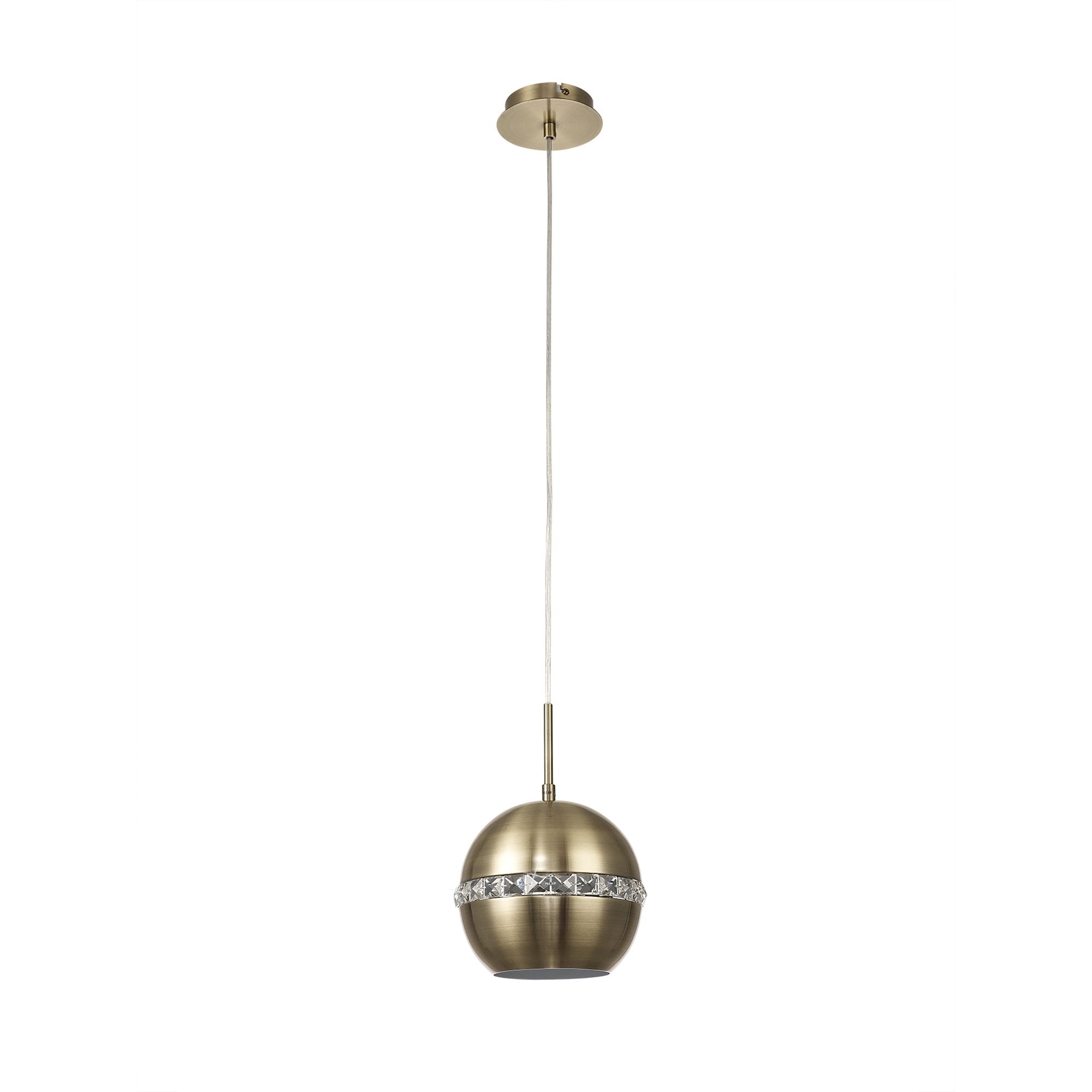 IL32840 Andrea Single Pendant 1 Light E27 Antique Brass/Crystal