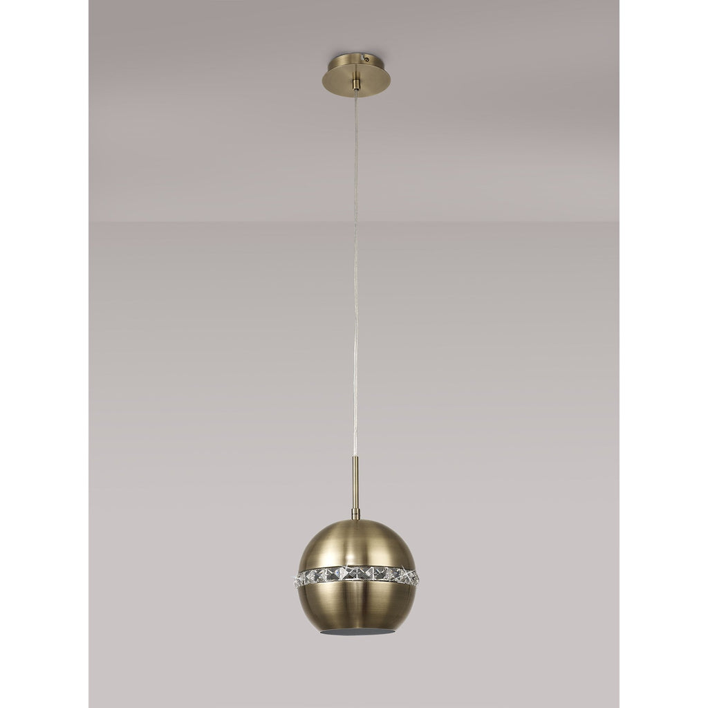 IL32840 Andrea Single Pendant 1 Light E27 Antique Brass/Crystal