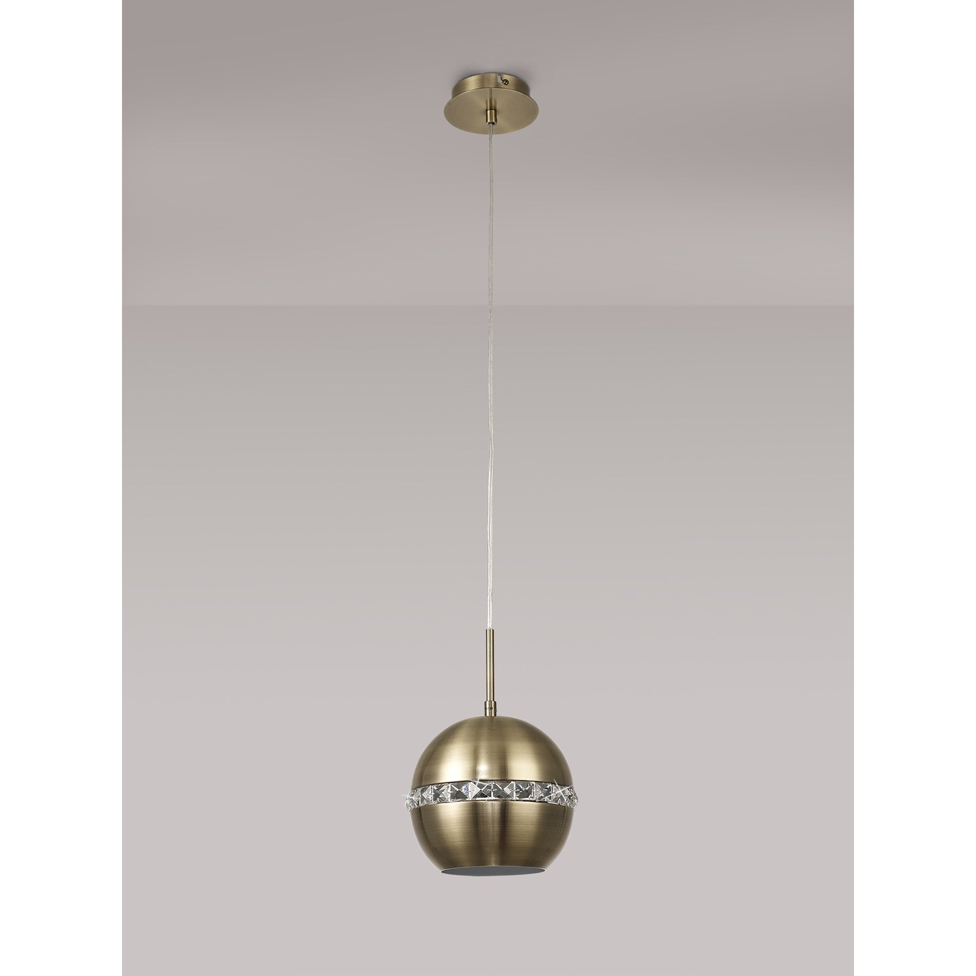 IL32840 Andrea Single Pendant 1 Light E27 Antique Brass/Crystal