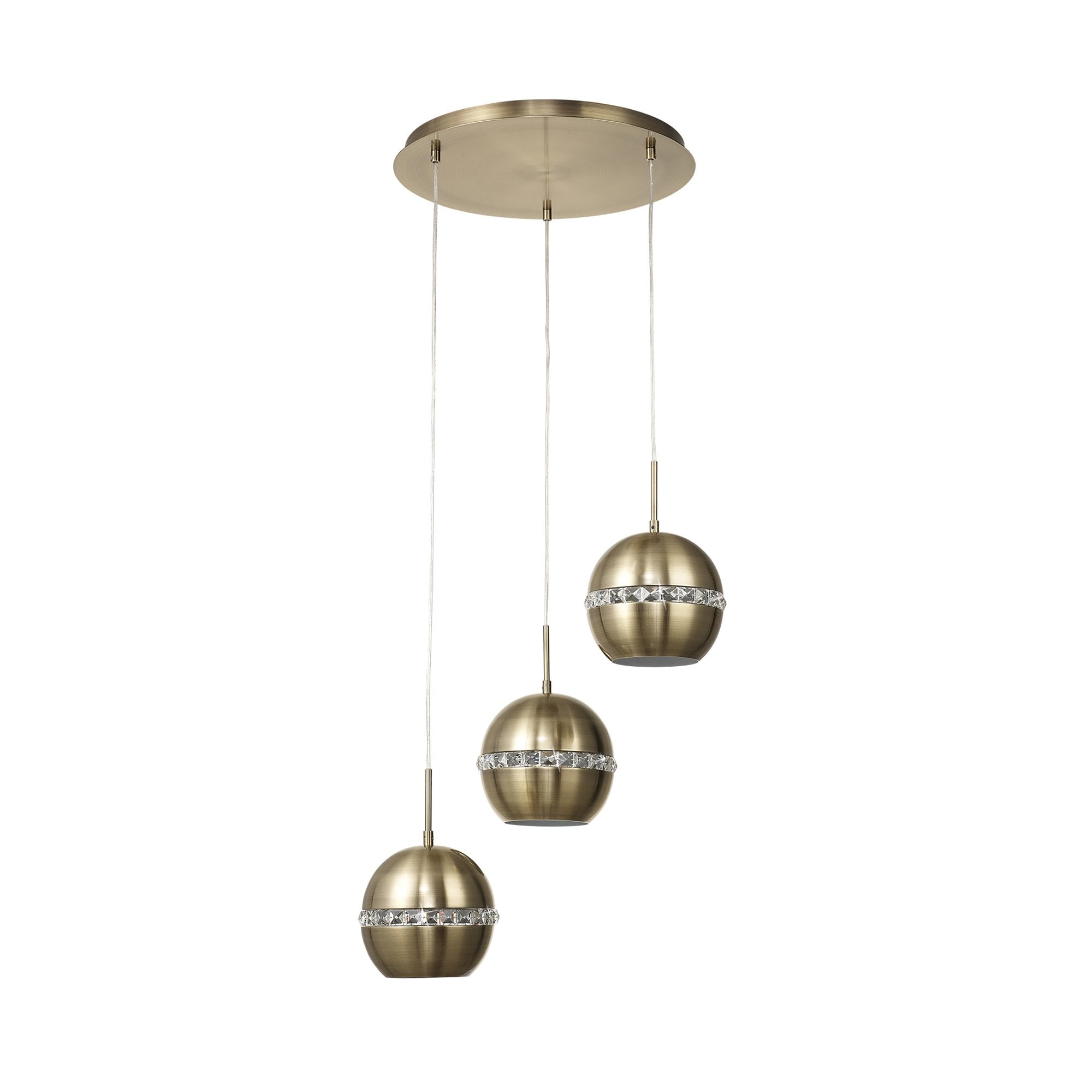 IL32842 Andrea Pendant 3 Light E27 Round Antique Brass/Crystal