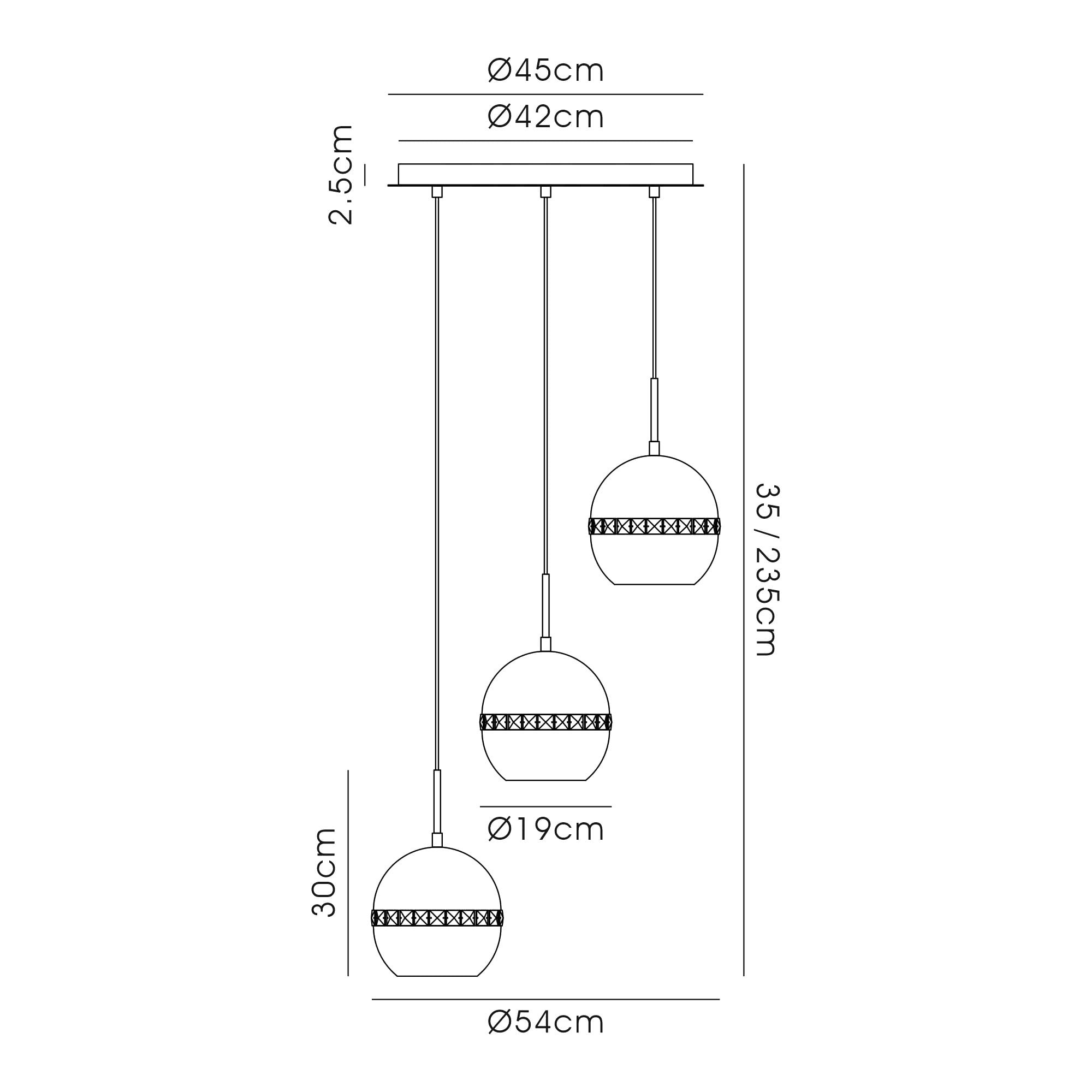 IL31609 Andrea Pendant 3 Light E27 Round Satin Copper/Crystal