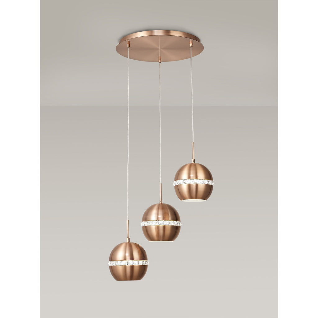 IL31609 Andrea Pendant 3 Light E27 Round Satin Copper/Crystal