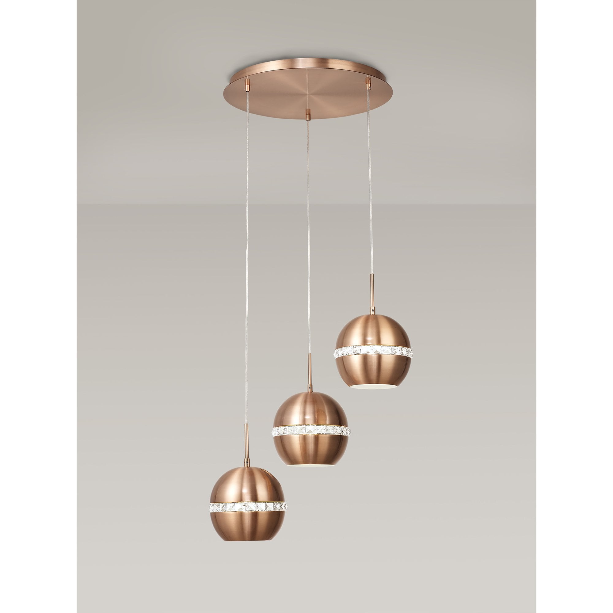 IL31609 Andrea Pendant 3 Light E27 Round Satin Copper/Crystal