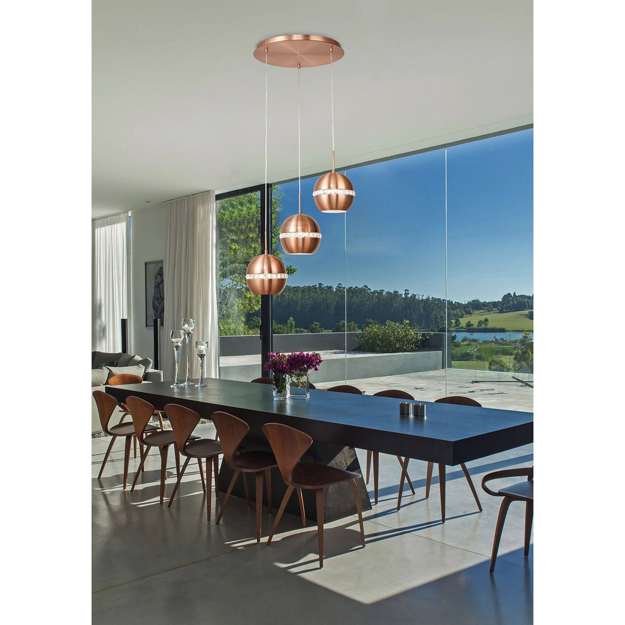 IL31609 Andrea Pendant 3 Light E27 Round Satin Copper/Crystal