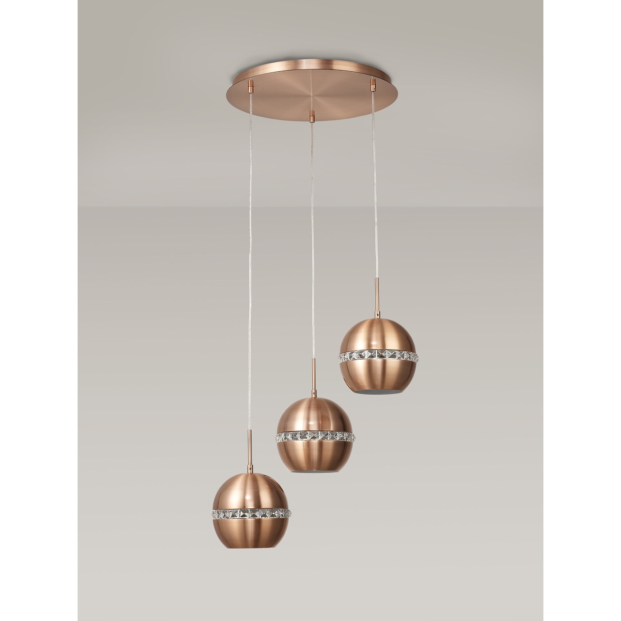IL31609 Andrea Pendant 3 Light E27 Round Satin Copper/Crystal