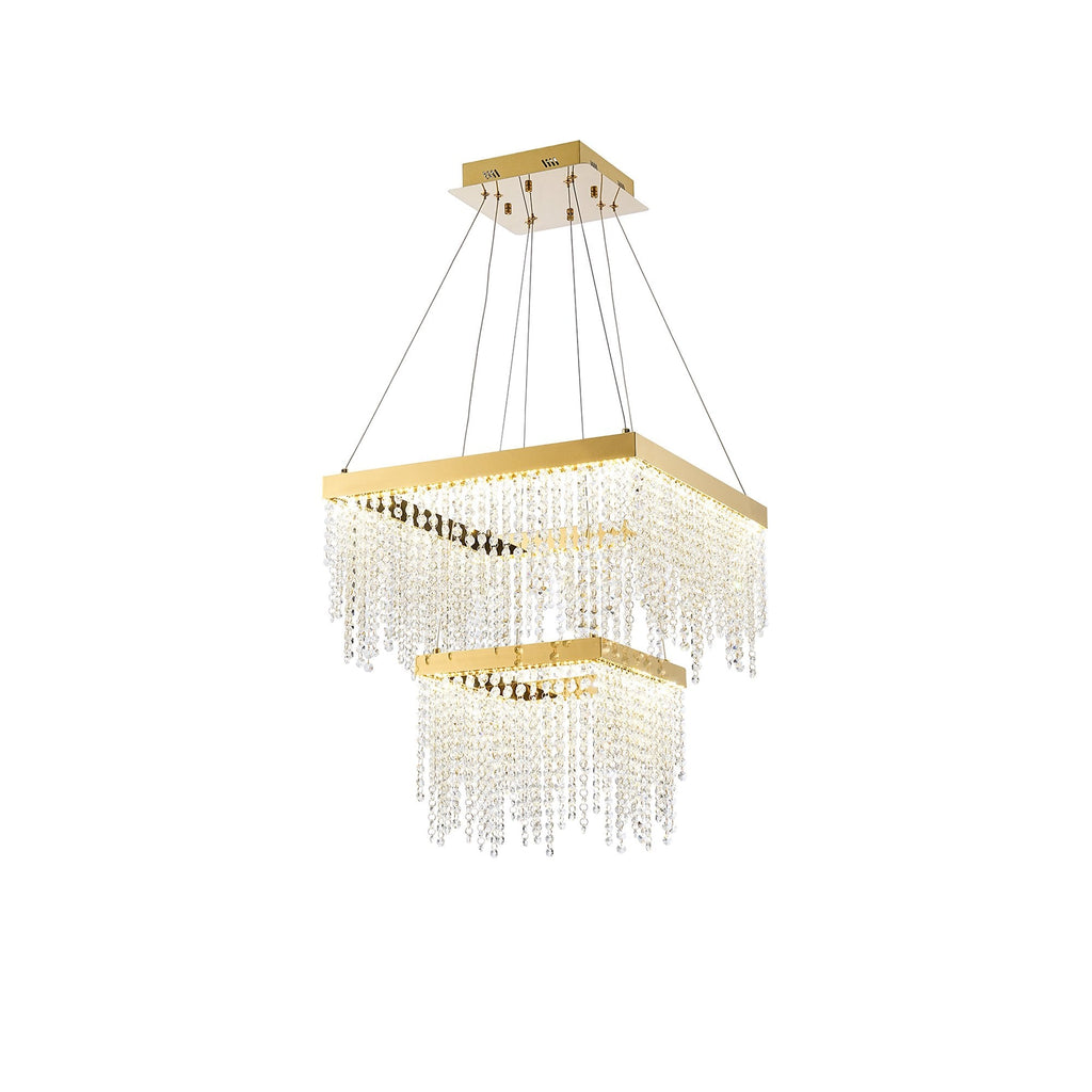 IL32874 Bano Square 2 Tier Dimmable Pendant 47W LED French Gold / Crystal Chain