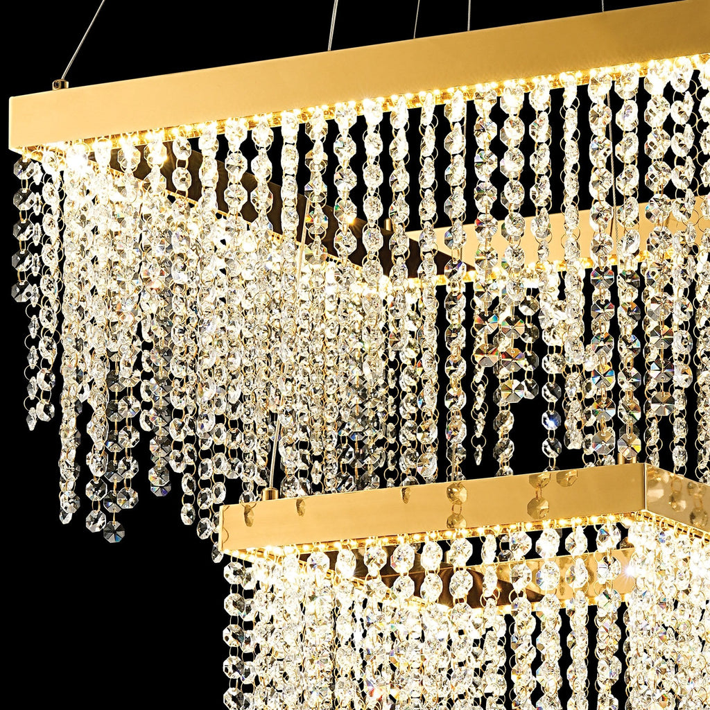 IL32874 Bano Square 2 Tier Dimmable Pendant 47W LED French Gold / Crystal Chain