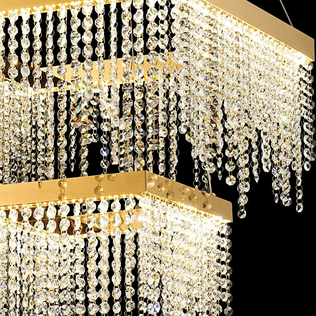 IL32874 Bano Square 2 Tier Dimmable Pendant 47W LED French Gold / Crystal Chain
