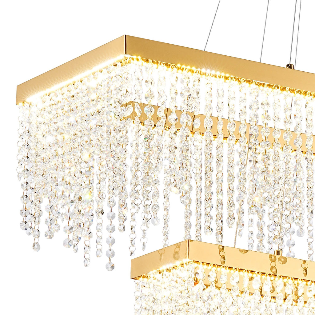 IL32876 Bano Rectangular 2 Tier Dimmable Pendant 65W LED French Gold / Crystal Chain