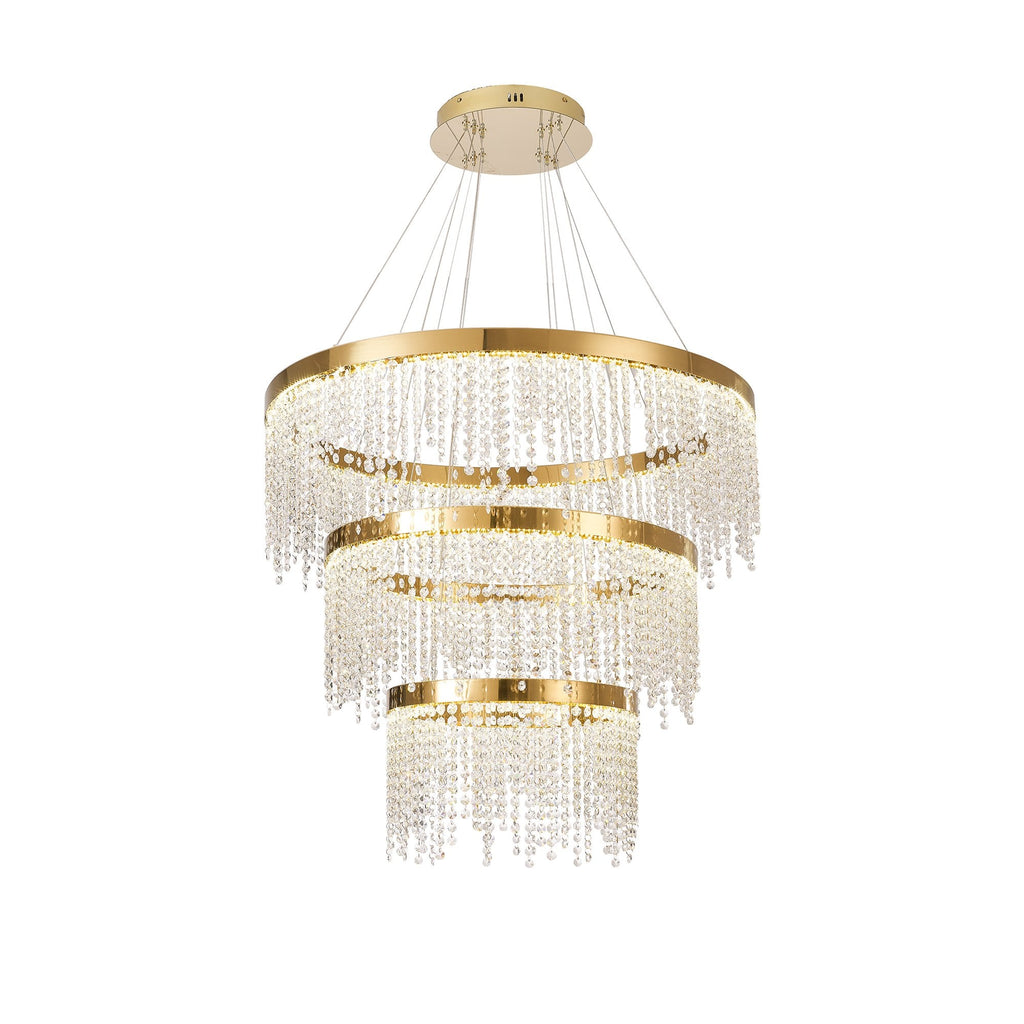 IL32916 Bano Round 3 Tier Dimmable Pendant 90W LED French Gold / Crystal Chain
