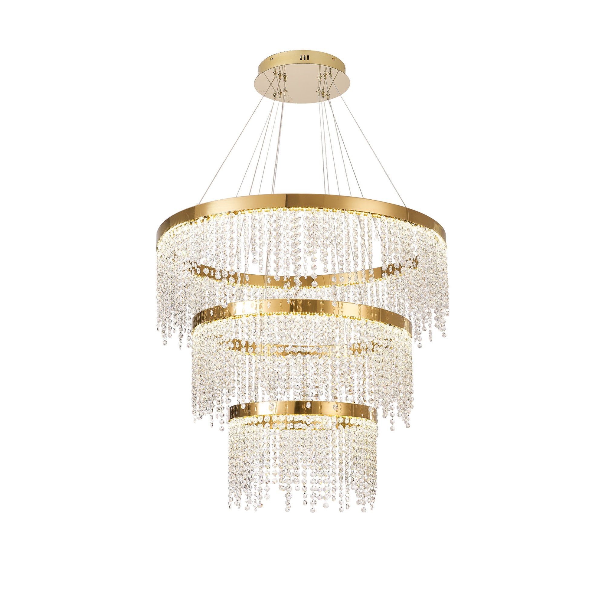 IL32916 Bano Round 3 Tier Dimmable Pendant 90W LED French Gold / Crystal Chain