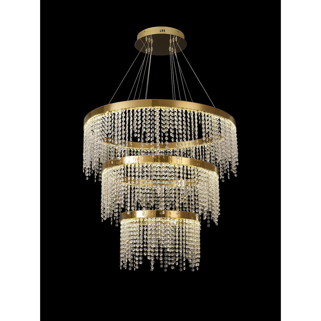IL32916 Bano Round 3 Tier Dimmable Pendant 90W LED French Gold / Crystal Chain