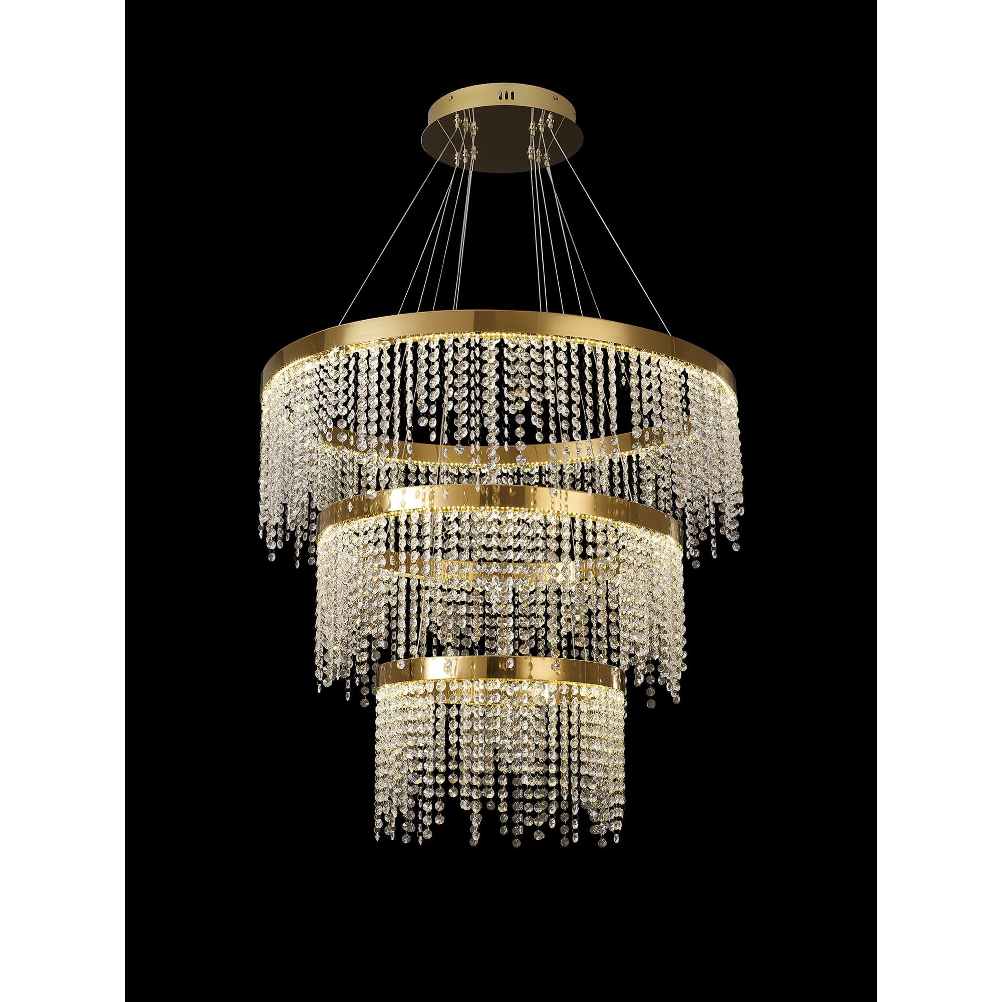 IL32916 Bano Round 3 Tier Dimmable Pendant 90W LED French Gold / Crystal Chain