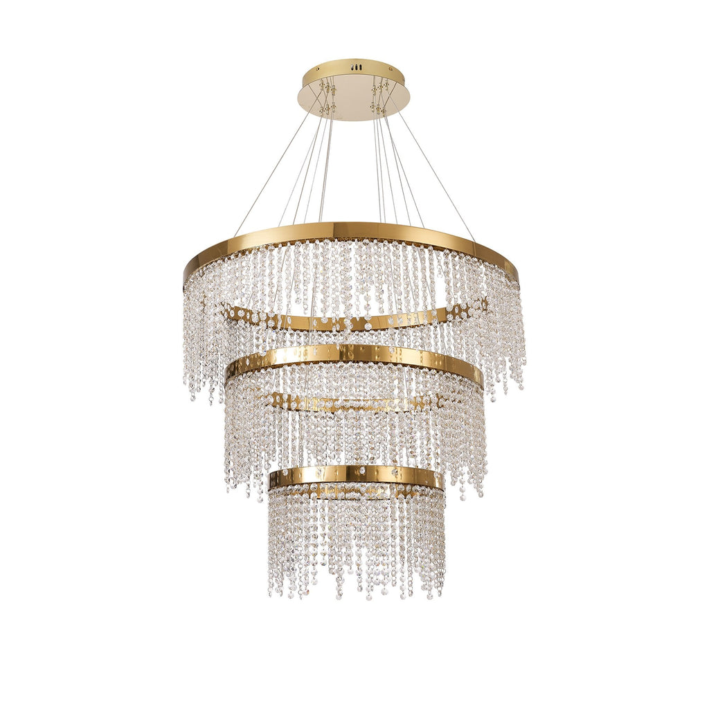 IL32916 Bano Round 3 Tier Dimmable Pendant 90W LED French Gold / Crystal Chain