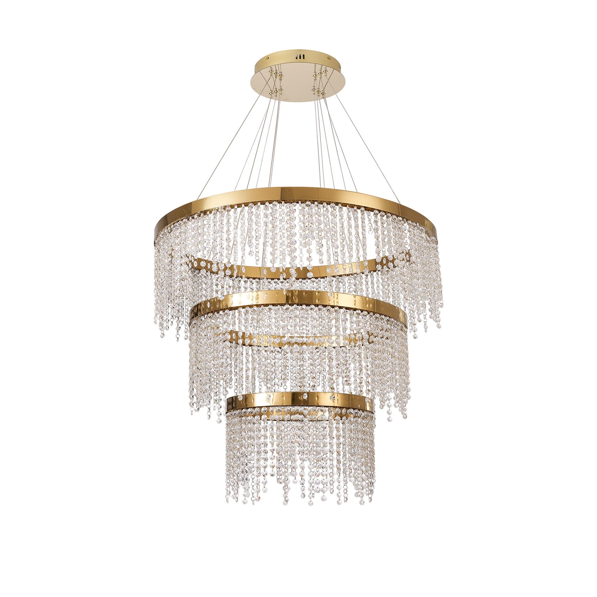 IL32916 Bano Round 3 Tier Dimmable Pendant 90W LED French Gold / Crystal Chain