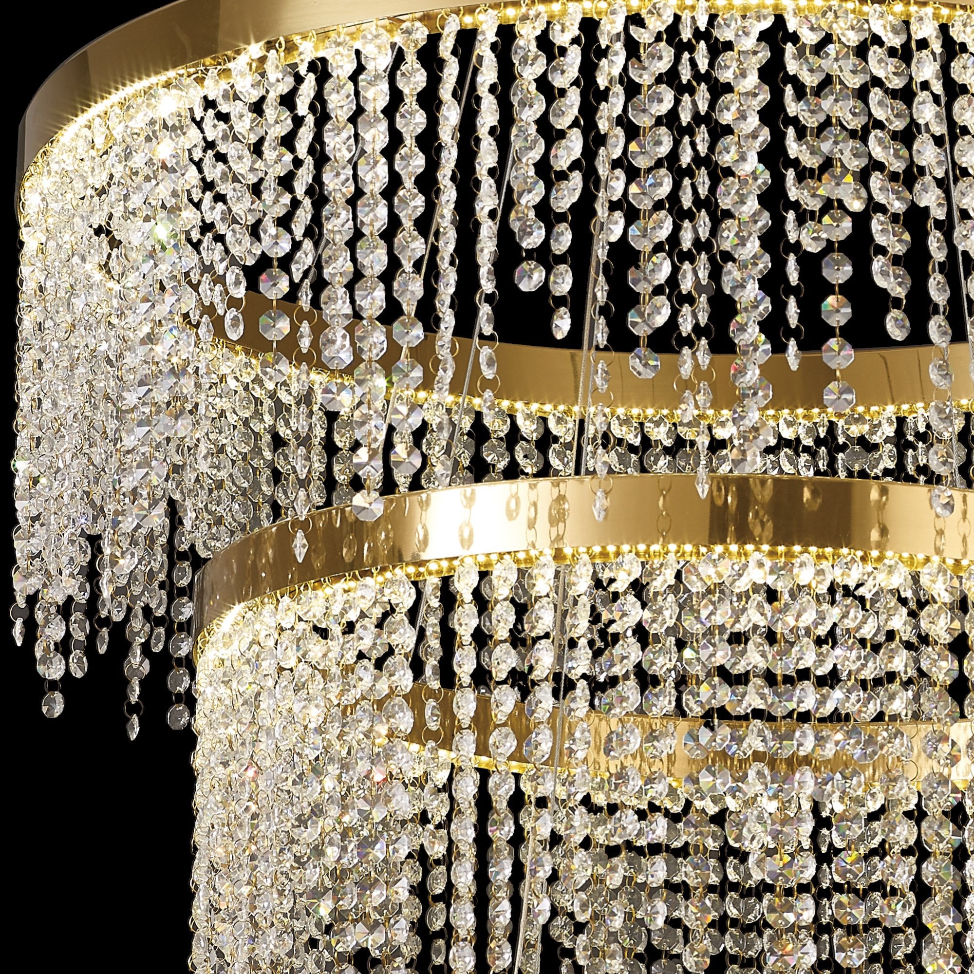 IL32916 Bano Round 3 Tier Dimmable Pendant 90W LED French Gold / Crystal Chain