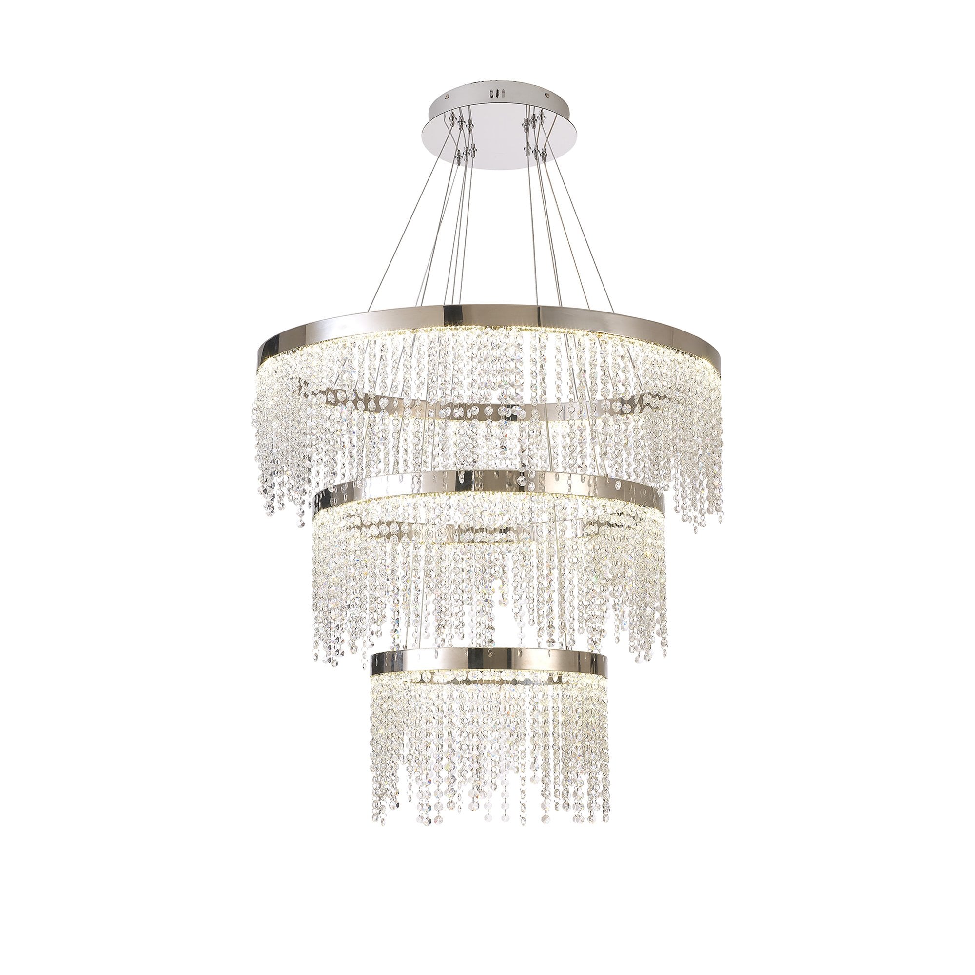 IL32914 Bano Round 3 Tier Dimmable Pendant 90W LED Polished Chrome / Crystal Chain