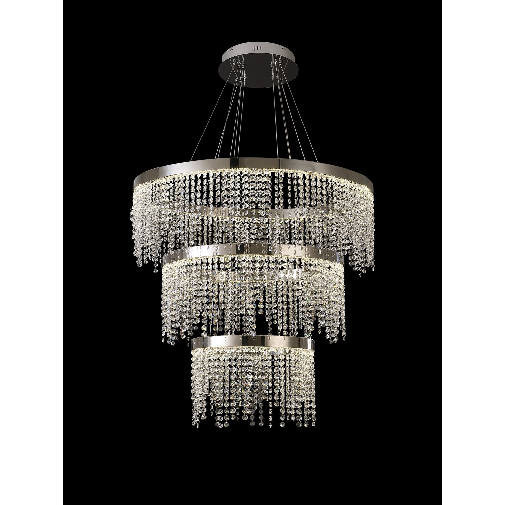 IL32914 Bano Round 3 Tier Dimmable Pendant 90W LED Polished Chrome / Crystal Chain