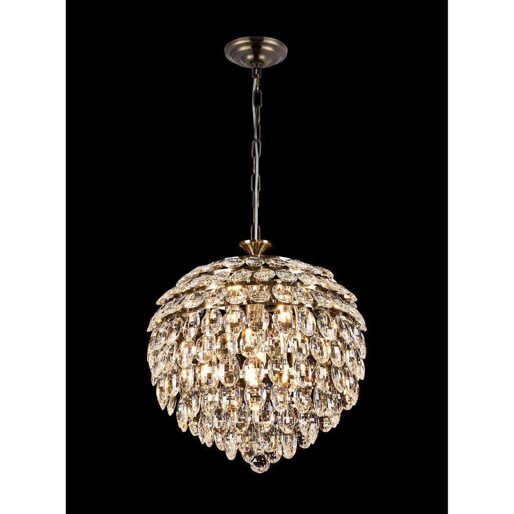 IL32804AB Coniston Pendant 6 Light E14 Antique Brass/Crystal