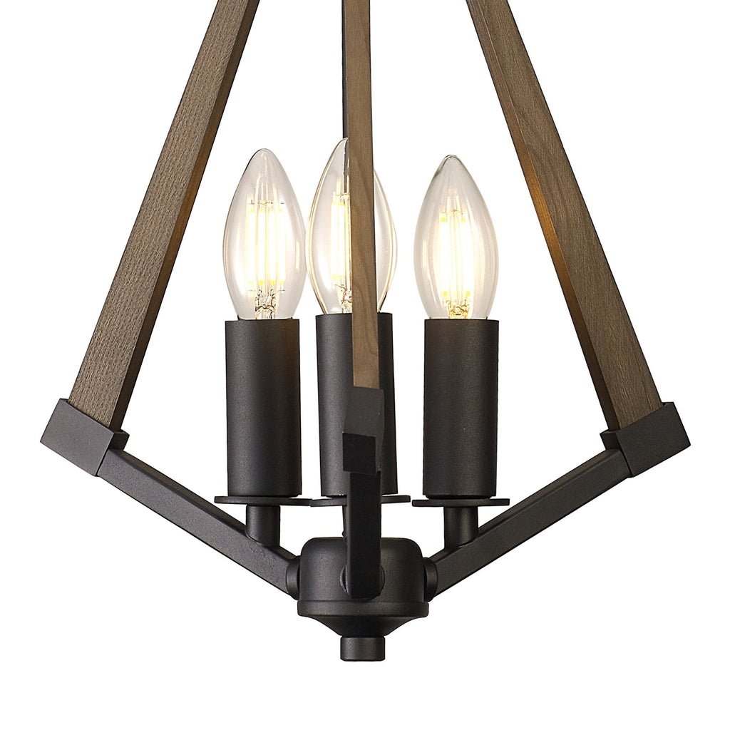 IL32681 Hilton Tetragonal Pendant 3 Light E14 Satin Black/Dark Grey Wood