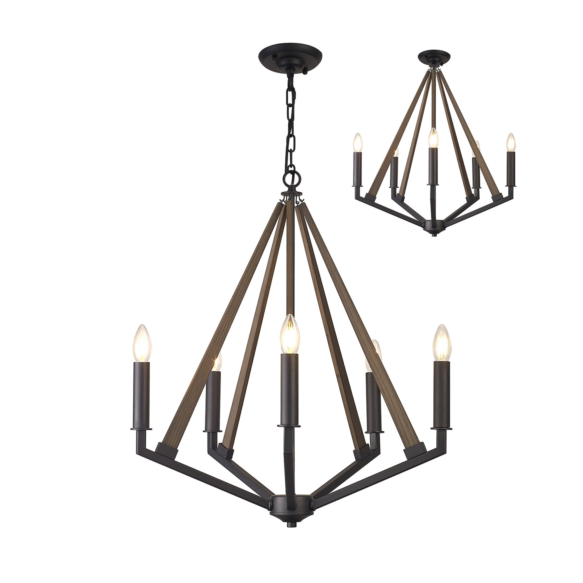 IL32682 Hilton Pentagonal Pendant 5 Light E14 Satin Black/Dark Grey Wood