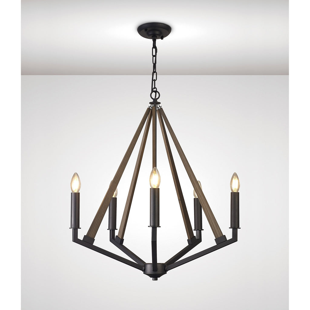 IL32682 Hilton Pentagonal Pendant 5 Light E14 Satin Black/Dark Grey Wood