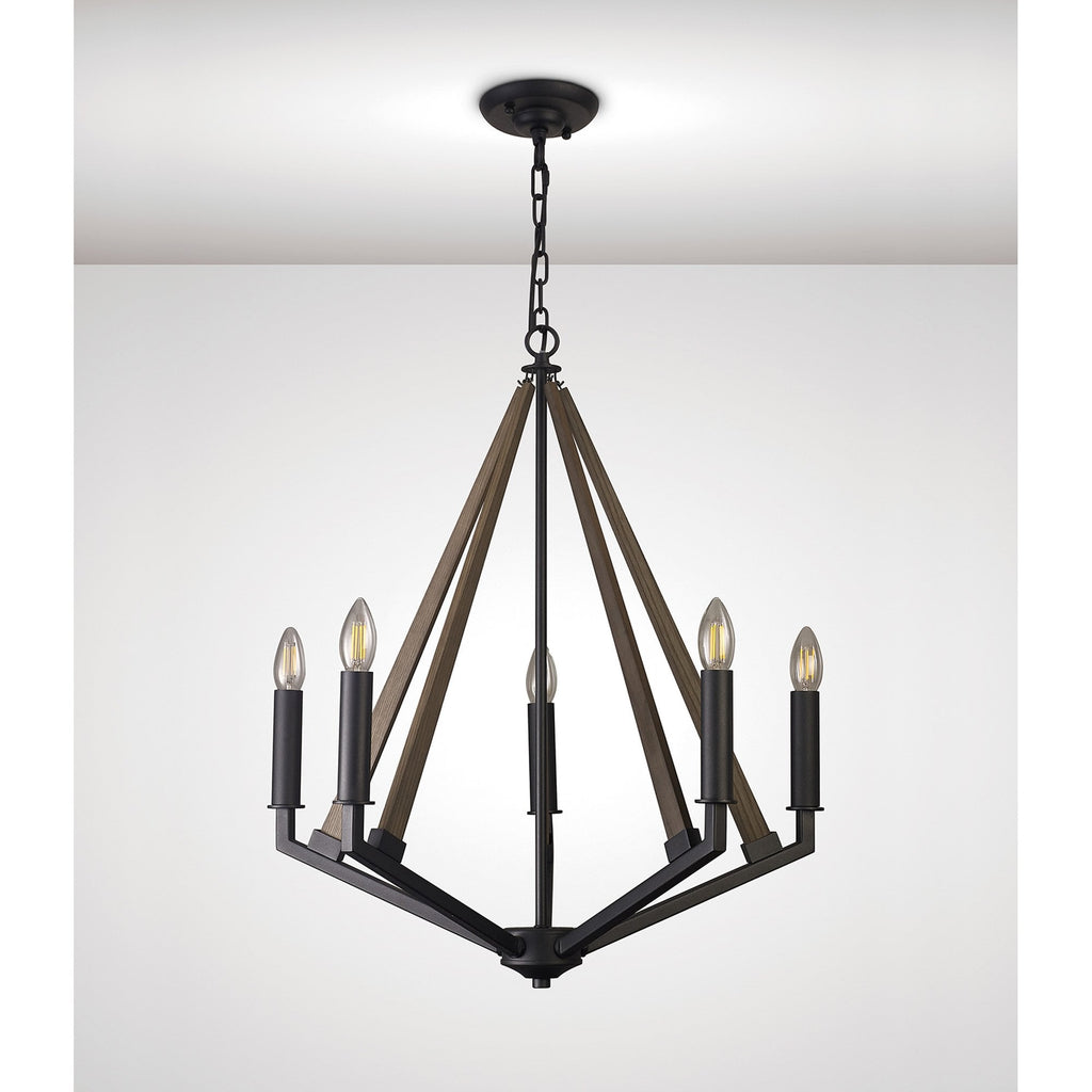 IL32682 Hilton Pentagonal Pendant 5 Light E14 Satin Black/Dark Grey Wood