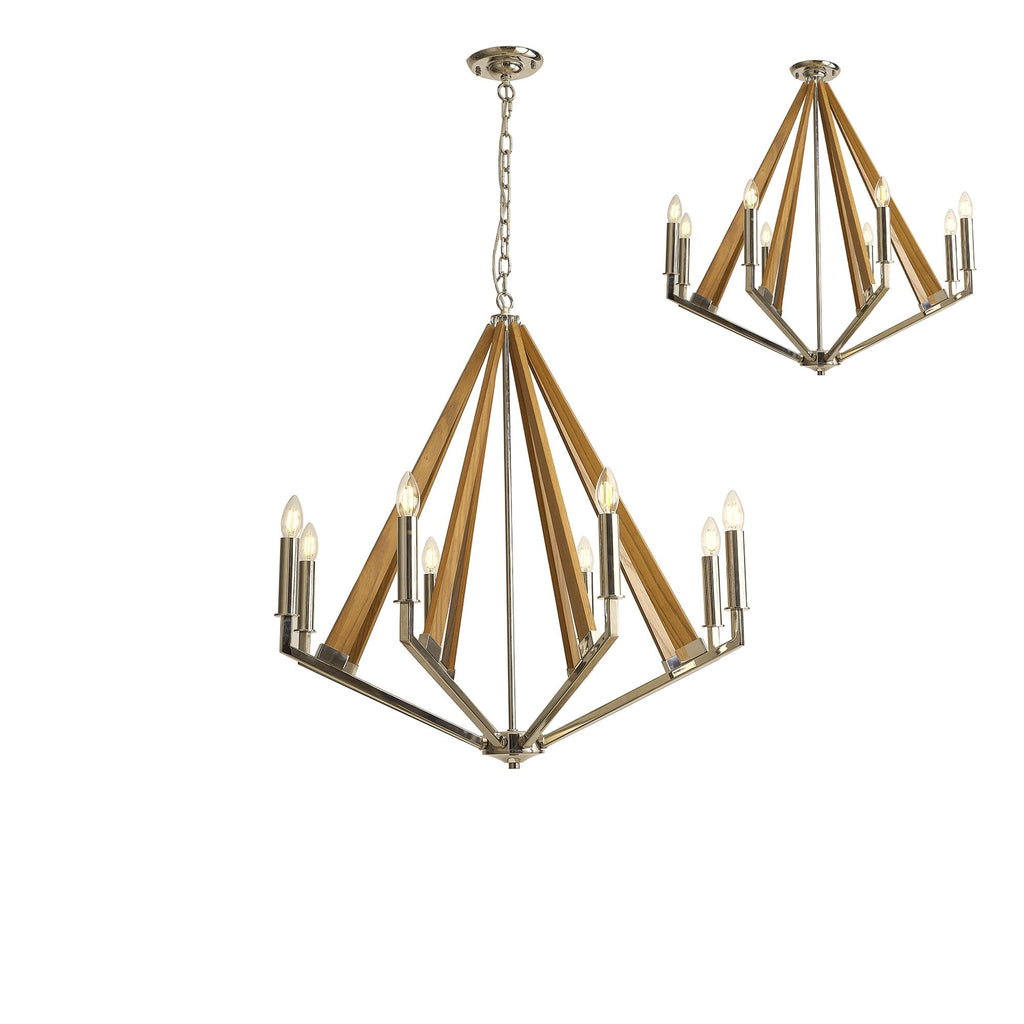 IL31684 Hilton Octagonal Pendant 8 Light E14 Polished Nickel/Taupe Wood
