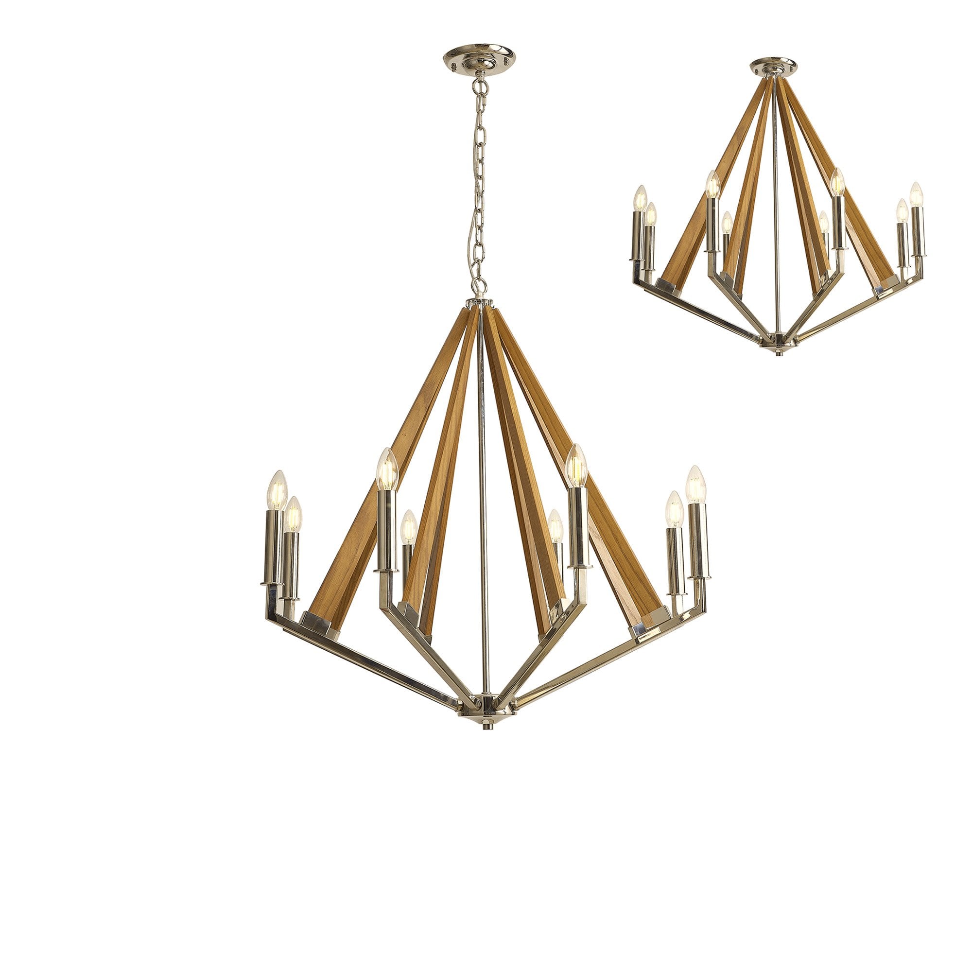 IL31684 Hilton Octagonal Pendant 8 Light E14 Polished Nickel/Taupe Wood