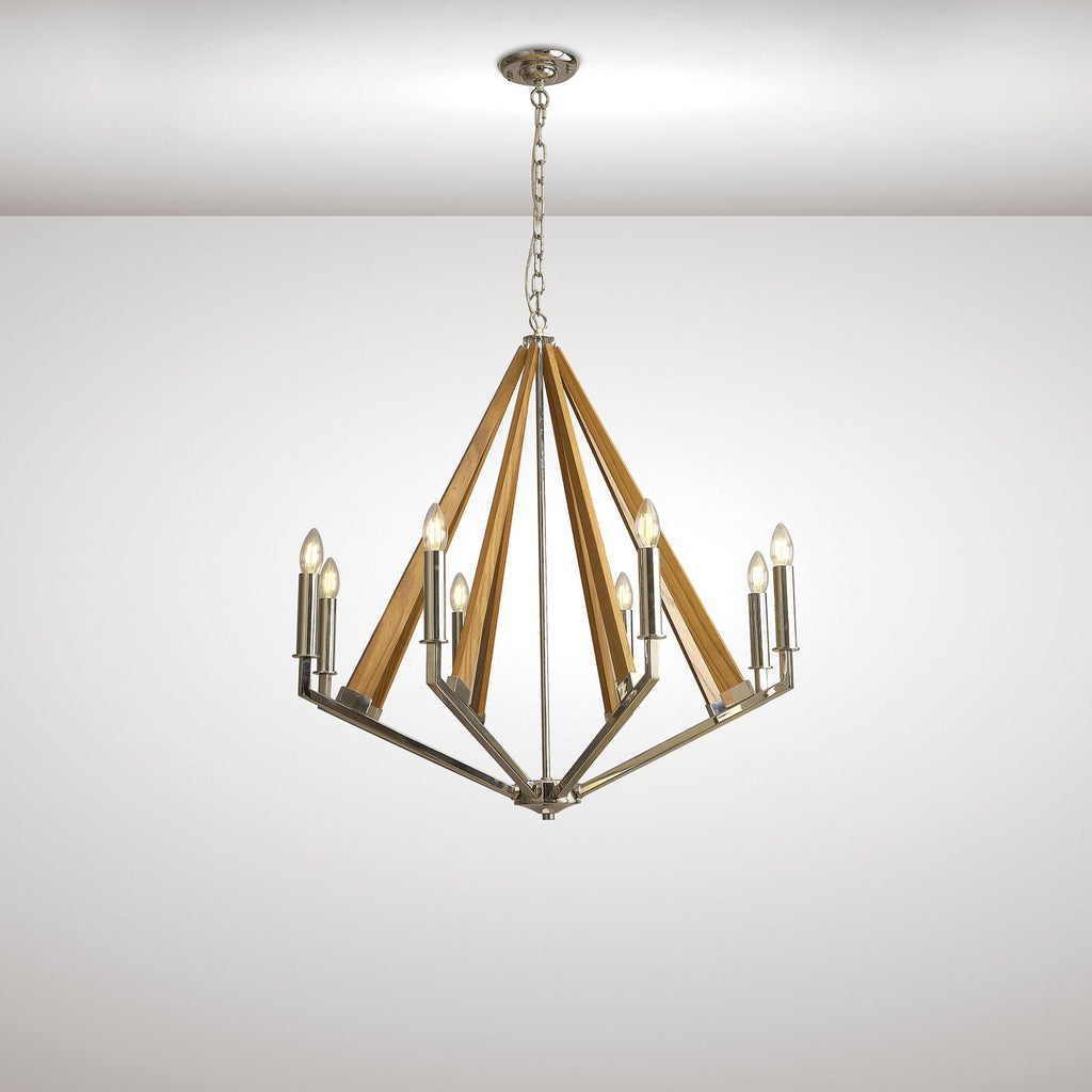 IL31684 Hilton Octagonal Pendant 8 Light E14 Polished Nickel/Taupe Wood