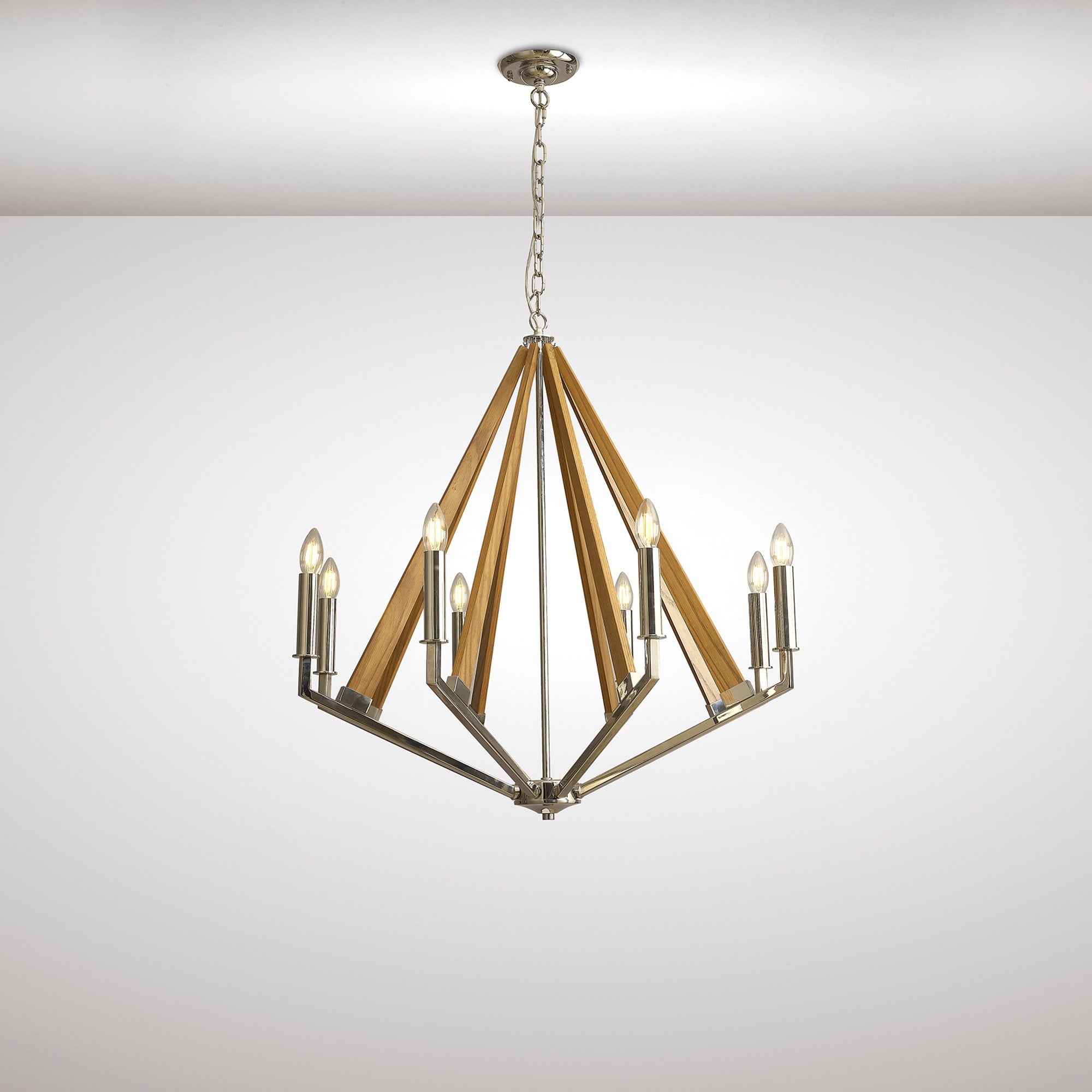 IL31684 Hilton Octagonal Pendant 8 Light E14 Polished Nickel/Taupe Wood