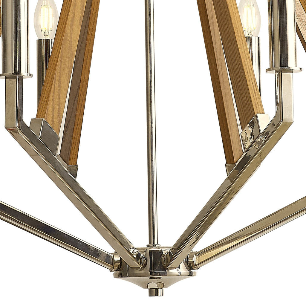 IL31684 Hilton Octagonal Pendant 8 Light E14 Polished Nickel/Taupe Wood