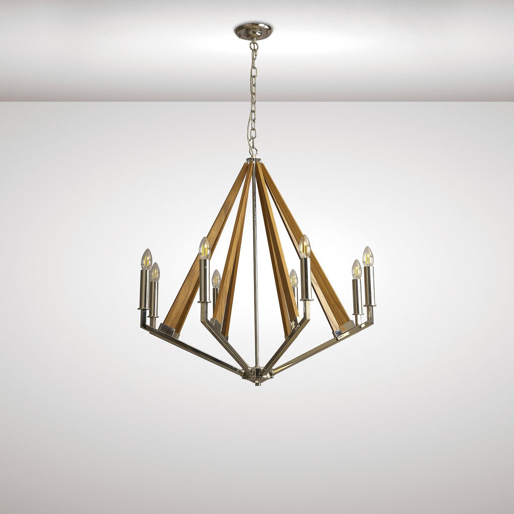 IL31684 Hilton Octagonal Pendant 8 Light E14 Polished Nickel/Taupe Wood