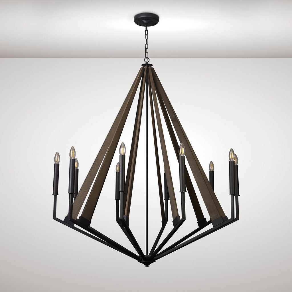 IL32683 Hilton Decagonal Pendant 10 Light E14 Satin Black/Dark Grey Wood