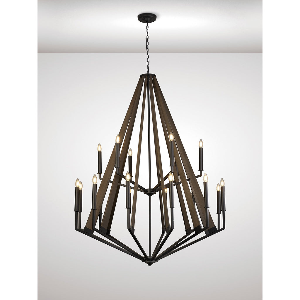 IL32685 Hilton 2 Tier Pendant 18 Light E14 Satin Black/Dark Grey Wood