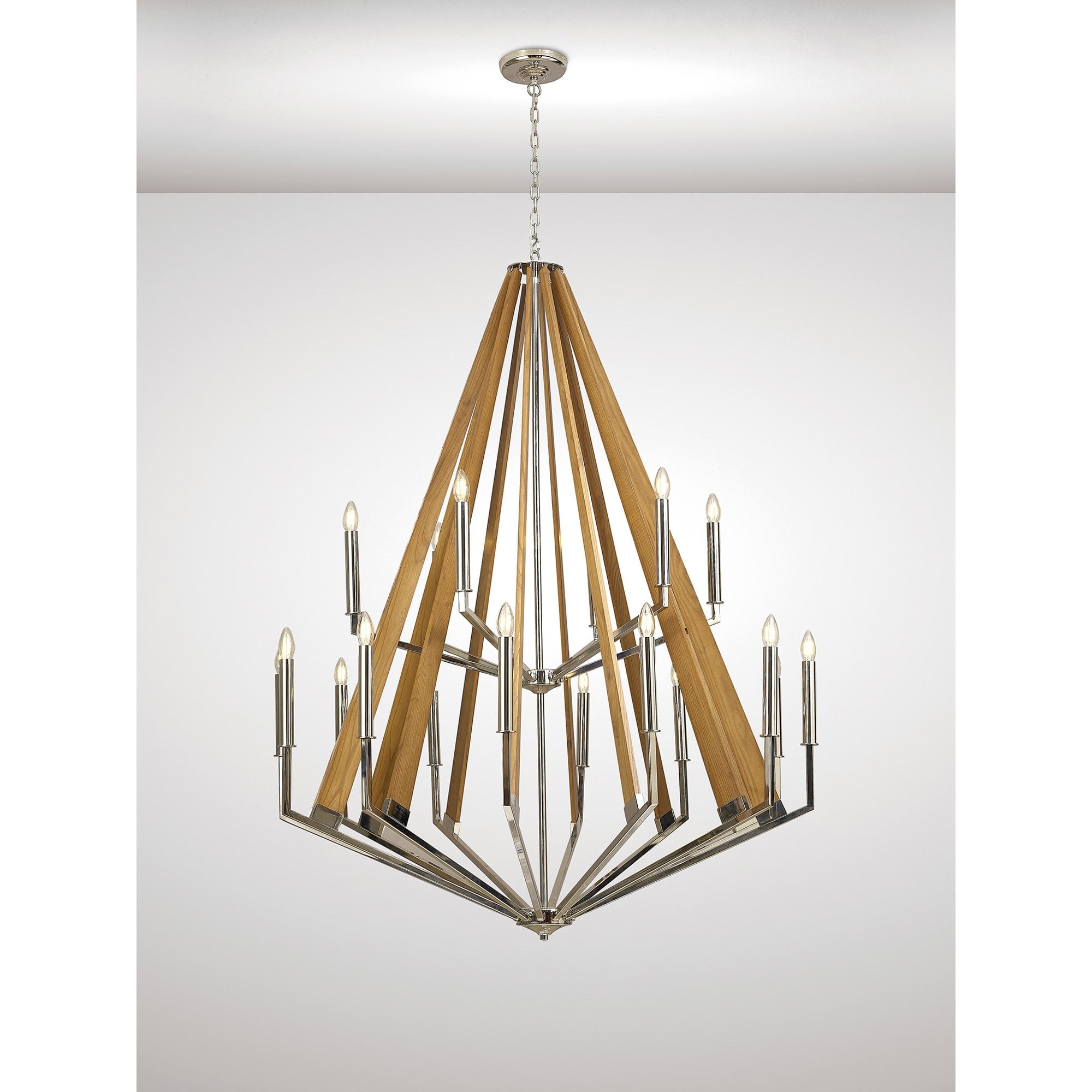 IL31685 Hilton 2 Tier Pendant 18 Light E14 Polished Nickel/Taupe Wood