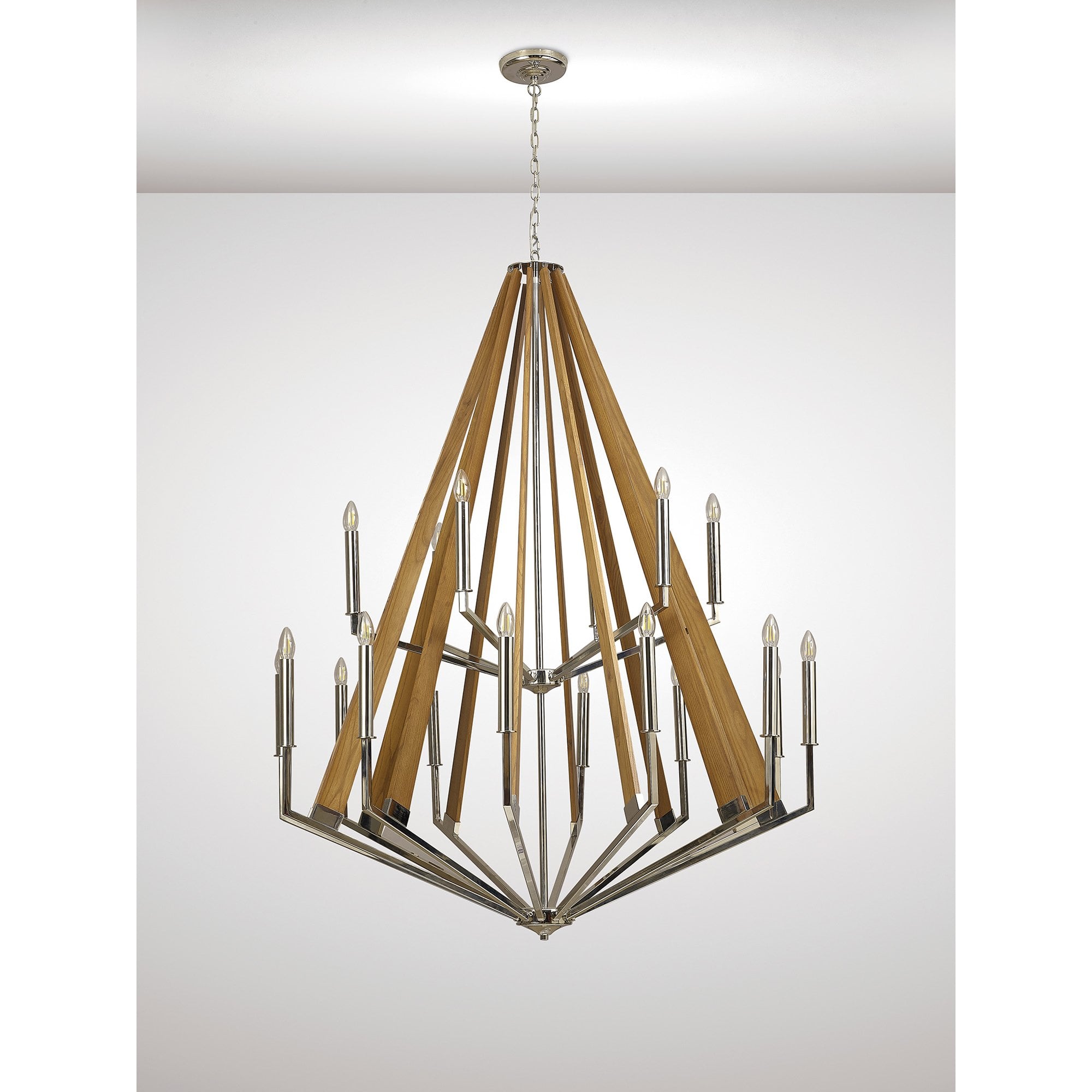 IL31685 Hilton 2 Tier Pendant 18 Light E14 Polished Nickel/Taupe Wood